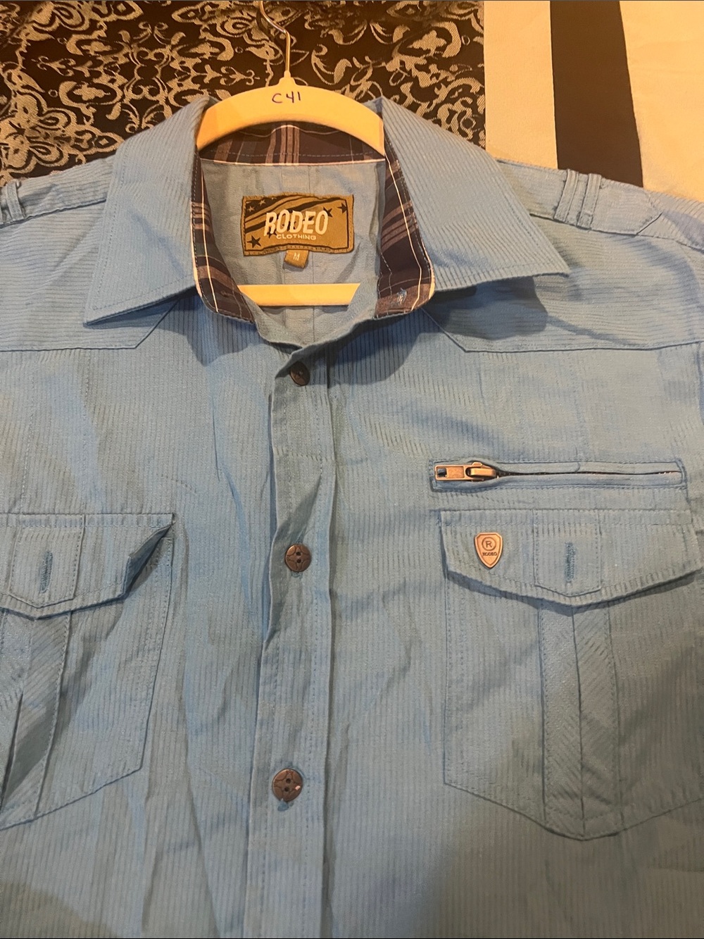 Rodeo Light Blue Button-Up Shirt with Plaid Cuff Detail - Picture 6 of 8